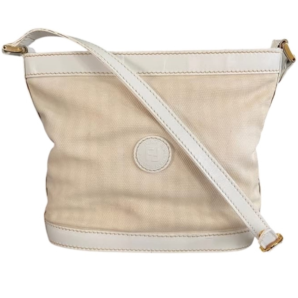 Vintage Authentic Fendi Ivory / Beige Canvas & White Leather Crossbody Bag + COA